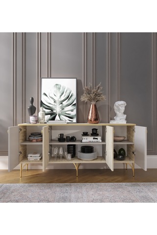 Traverten Çok Amaçlı Modern Konsol, 4 Kapaklı 160cm Mermer Desenli Konsol - Tamamı Mdf Traverten - Kumtaşı