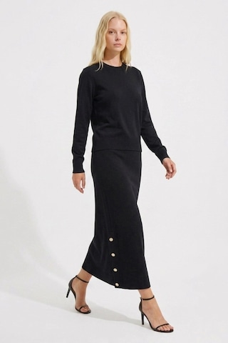 Nuss 703 Düğme Detay Etekli Triko Takım Siyah