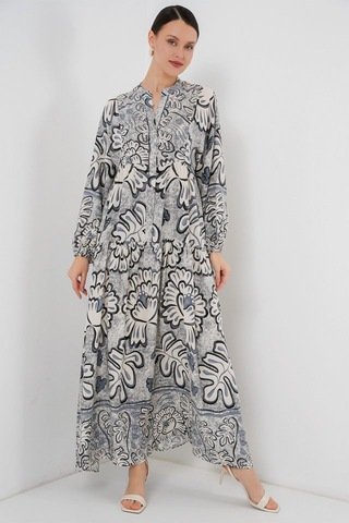 2423 Otantik Desenli Tesettür Elbise - K. Antrasit S