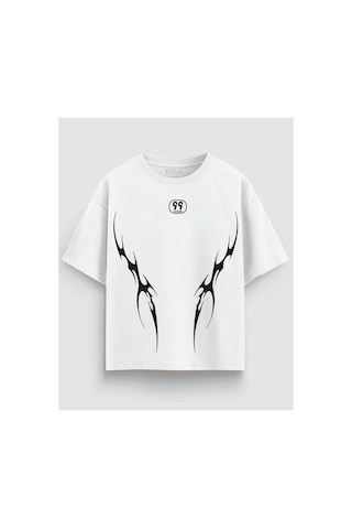 Yolo Street Oversize Siyah Erkek Tişört Tribal Baskı %100 Pamuk Premium Kalın Kumaş Streetwear Beyaz