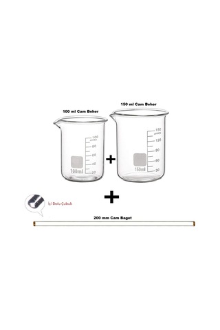 Agena Cam Beher Seti 3 Parça, 1'er Adet 100ml, 150ml Cam Beher Ve 200mm Cam Baget
