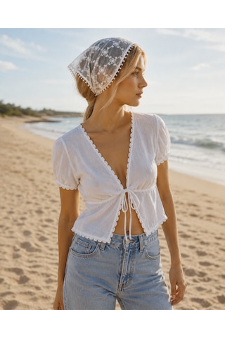 Haki Store Dantel Bandana Beyaz Çiçek Desenli Transparan Bel Bandanası Saç Ve Bel Aksesuarı