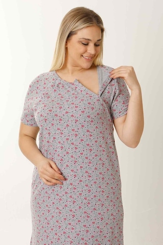 Parlingerie Hamile Emzirme Geceliği Kısa Kollu Kalpli Gri