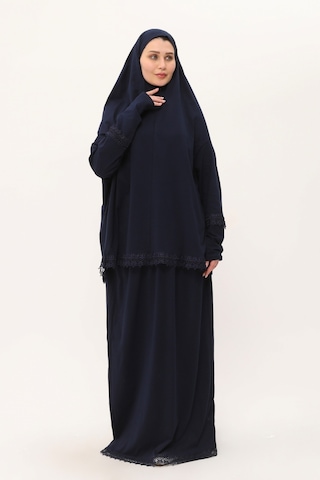 Lacivert İki Parça Namaz Elbisesi Pamuk Kumaş Dantelli 2205 02 Lacivert