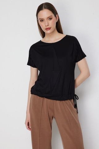 On Kadın Kolları Pileli Beli Bağcıklı Bluz 71438 Siyah