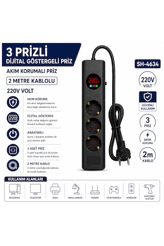 Sh-4634 3 Lü Akım Korumalı Priz Dijital Voltaj Göstergeli 2500w 2 Metre Kablolu Anahtarlı Topraklı Çoklu Grup Priz 2 M