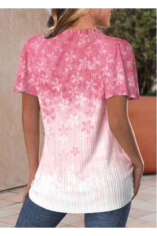 Kadın Kısa Kollu V Yakalı Düğmeli Çiçek Baskılı Pamuk Bluz Pembe