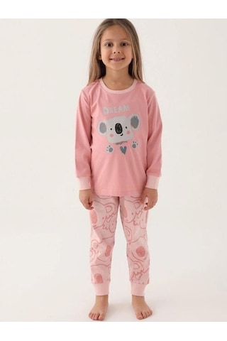 Kız Çocuk Koala Baskılı Uzun Kollu Pijama Takımı-16035 Pembe
