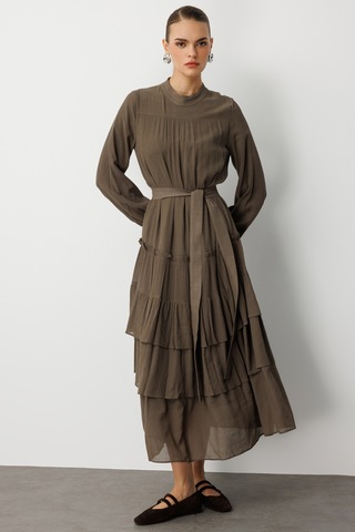 Mizalle Kat Pileli Maksi Haki Elbise Haki