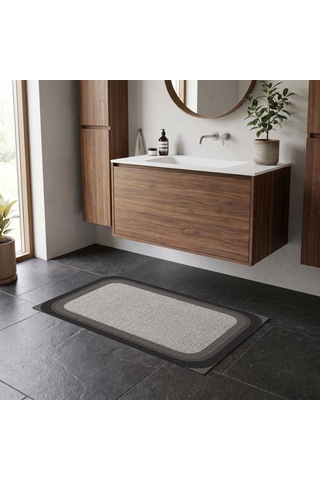 Kartela Halı Jüt Görünümlü Banyo Paspası Antrasit Kaymaz Taban Makinede Yıkanabilir 50x75 Cm