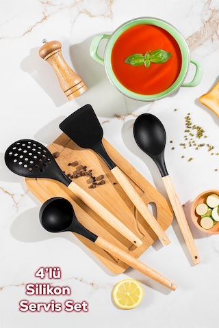 Porsima 3168 Ahşap Silikon 4 Parça Servis Takımı Seti Siyah Siyah