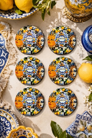 Sicilya Temalı Güneş Ay Figürlü Bardak Altlığı 6 Lı Set Çok Renkli