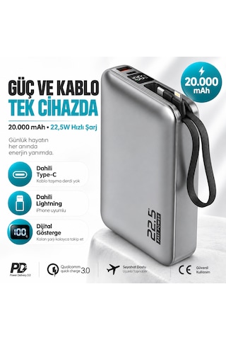 Xcharge 20000 Mah 22.5w Hızlı Şarj Powerbank Kendinden Kablolu Type-c Lightning Gümüş