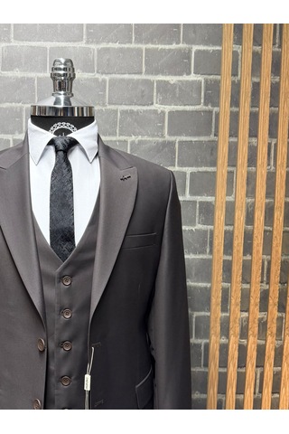 Dupont Classics Erkek Slim Fit 6 Drop Sivri Yaka Yelekli Poliviskon Çift Yırtmaç Takım Elbise Acı Kahverengi