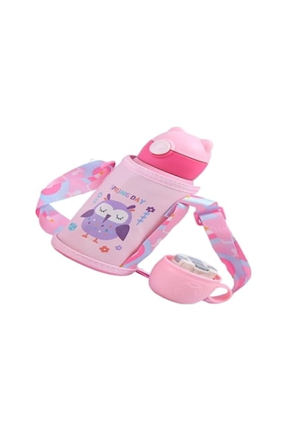 Moveevo Kız Çocuk 316 Paslanmaz Çelik Isı Saklama Şişesi - Ayı Baskılı Pembe Karyola Su Bardağı Gri