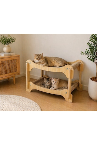 Pureza Ahşap İki Katlı Kedi Yatağı & Dinlenme Standı Hasır Yüzeyli Çift Katlı Tasarım