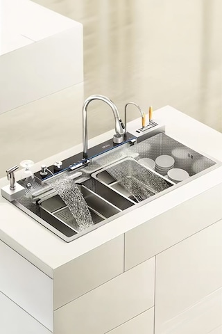 Lüx Dijital Akıllı Eviye Seti Premium Krom Akıllı Mutfak Evyesi- 100x46 Cm Çok Fonksiyonlu- Silver