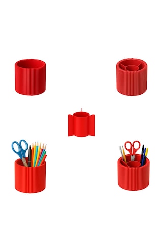 Özel 3d Baskı Ayrılabilir 4 Bölmeli Kalemlik Masa Vb. Kalemliği Çapı: 8,5 Cm X Yükseklik: 8 Cm Kırmızı