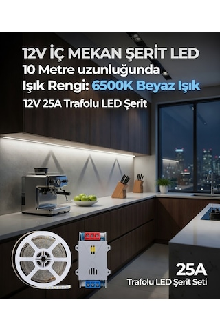 10 Metre 12v 6500k Beyaz Işık Şerit Led + 12v 25a Slim Led Trafosu Hazır Set 10 Metre Gün Işığı