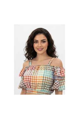 Polologin Butik Kadın Çok Renkli Ekose Desenli, Volanlı Crop Bluz Turuncu