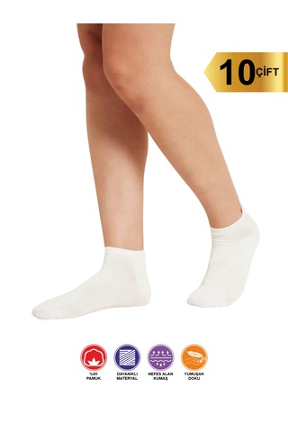 10 Çift Yazlık Terletmez Desensiz Düz Sade Kadın Patik Pamuk Beya Beyaz