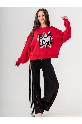 Kız Çocuk Black Yazılı Sweatshirt-14772 Kırmızı
