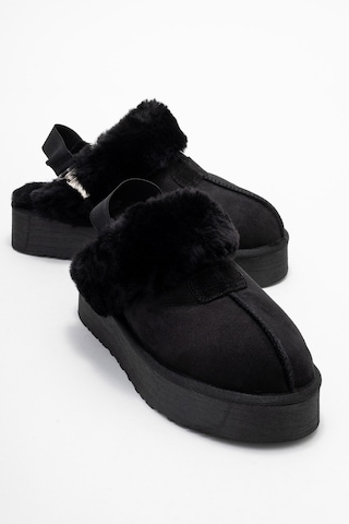 Olessa Siyah Hakiki Deri Süet Kadın Kürklü Terlik Siyah