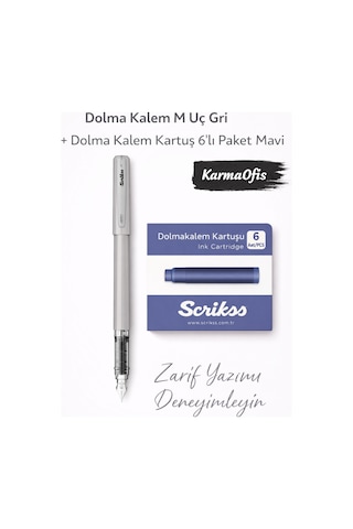 Dolma Kalem M Uç + 6 Lı Mavi Kartuş Seti Gri