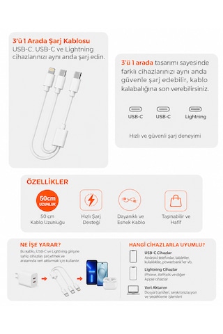 3 Uçlu Hızlı Şarj Kablosu 100w Type-c Lightning Çoklu Şarj Aleti Kablosu 50 Cm Beyaz