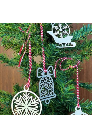 Büro Ev Partisi İçin 10parça Kırmızı Beyaz İpli Karışık Model Ahşap Yılbaşı Ağaç Süsü