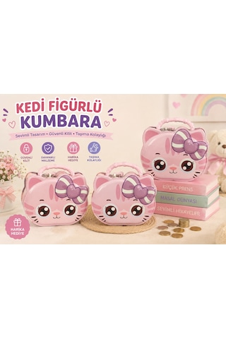 Bymyhand Metal Pembe Kilitli Kedi Temalı Kulplu Kumbara 12 X 15cm