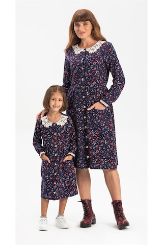 Uzun Kol Asya Yakalı Çocuk Pazen Elbise Çiçek Desen Lacivert Lcvt Lacivert