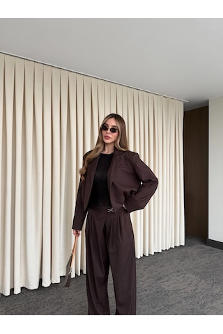 Laluvia Kahverengi Crop Ceket Pantolon Takım - 9689 Kahverengi