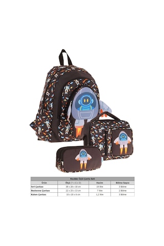 Kaukko Kids Kız Çocuklara Özel Siyah - 3d Roket Detaylı Üçlü Okul Çantası Seti Siyah
