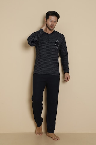 Falkon 7008 İnterlok Kışlık Çizgili Pijamalı Erkek Pijama Takımı Lacivert