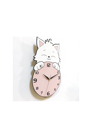 CajuArt Saat Arkasından Bakan Sevimli Kedi Çocuk Odası Duvar Saati Pembe