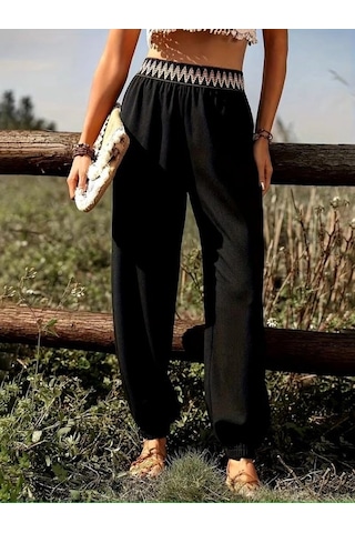 DefyModa Kadın Yüksek Bel Beli Lastikli Dökümlü Ve Beli Şeritli Pera Pantolon Siyah