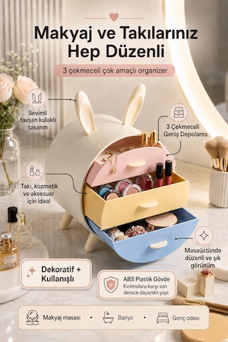 Tavşan Kulaklı Makyaj Ve Takı Organizeri 3 Çekmeceli Masaüstü Kozmetik Düzenleyici Pastel Renkli Makyaj Organizeri Çok Renkli