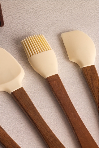 Milly Krem - 4'lü Akasya Saplı Krem Silikon Spatula Seti 21 cm Mutfak Seti Doğal Kaşık Spatula Seti