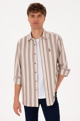 U.S. Polo Assn. Erkek Krem Çizgili Uzun Kollu Kahverengi Gömlek 50316546-VR233