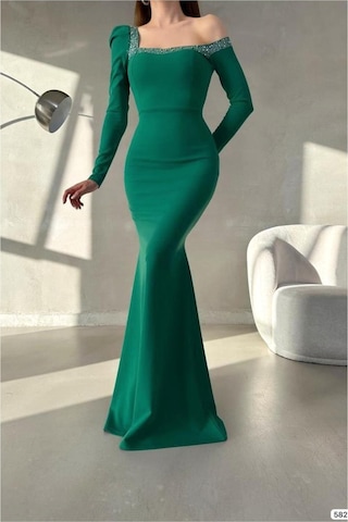 Lior Design Kadın Yeni Sezon Krep Kumaş Madonna Yaka Maxi Abiye Elbise Yeşil