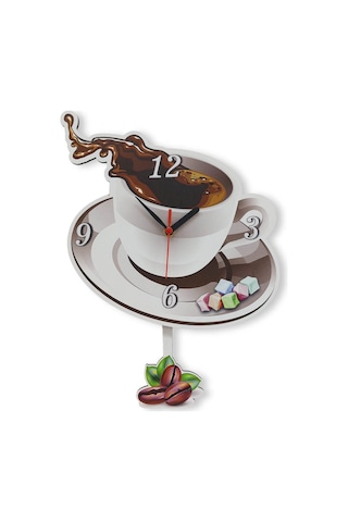 CajuArt Kahve Fincan Resimli Sallanan Sarkaçlı Mutfak Duvar Saati Beyaz