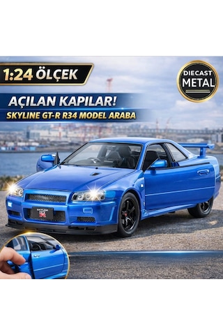 Nissan Skyline Gtr R34 1:24 Ölçek Diecast Model Araba Açılan Kapıları Nıssan Gtr R34 Model Mavi