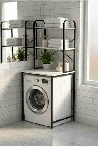 Çamaşır Makinesi Dolabı 2 Katlı Geniş Depolama Raf Ünitesi Metal Banyo Organizer Standı 293 Siyah Çok Renkli