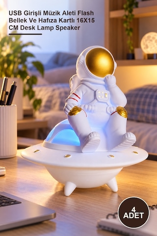 4 Adet Masa Üstü Astronot Lamba Usb Girişli Müzik Aleti Flash Bellek Ve Hafıza Kartlı 16x15 Cm Desk Lamp Speaker Diğer