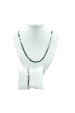 Gümüş Kaplama Yassı 319l Çelik Yılan Unisex Kolye Bileklik Set