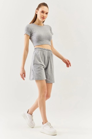 Kadın Kısa Kol Bisiklet Yaka Vücuda Oturan %100 Pamuklu Kaşkorse Esnek Crop Bluz Açık Gri