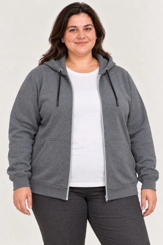 Zennamoda Battal Büyük Beden Üç İplik İçi Şardonlu Kapüşonlu Tam Fermuarlı Kışlık Sweatshirt - Füme
