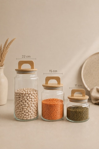 Serra - 3'lü Vakumlu Bambu Tutmalı Kapaklı 640 Ml 900 Ml 1400 Ml Kavanoz Takımı Şeffaf