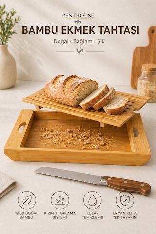 Bambu Ekmek Kesme Tahtası Kırıntı Toplayıcılı Tepsili Doğal Ahşap Kesim Ve Sunum Seti 34x22 Cm Açık Bej